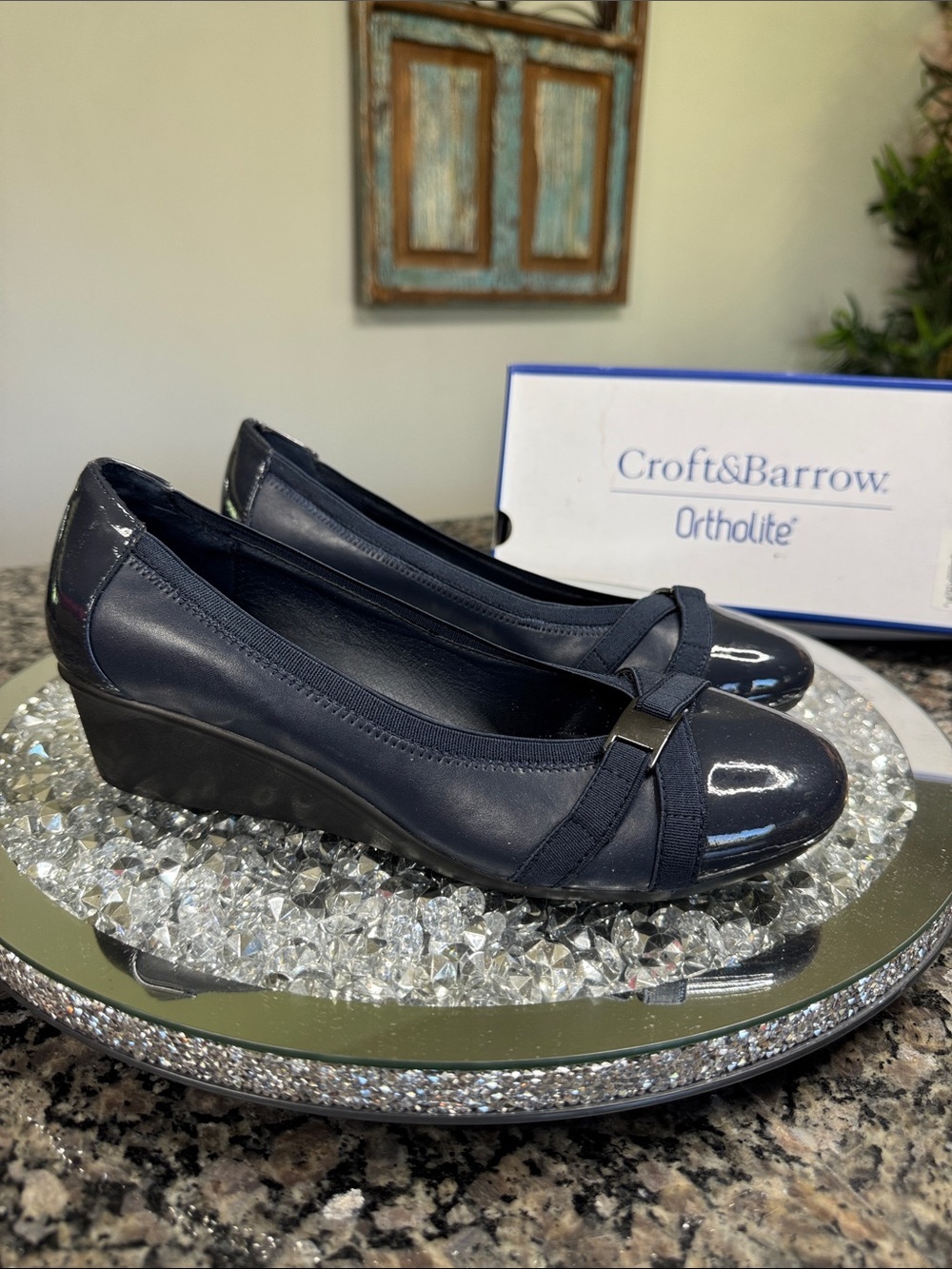 croft & barrow ortholite Navy Patent Wedge with cross cross AccentNEW 9